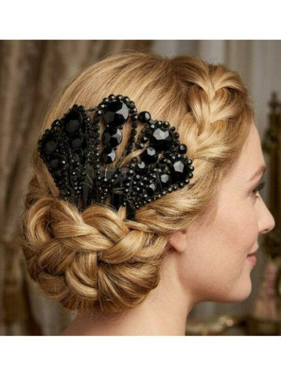 Antique Victorian Mourning Comb Jet Black Beads Beaded Faceted Spanish style